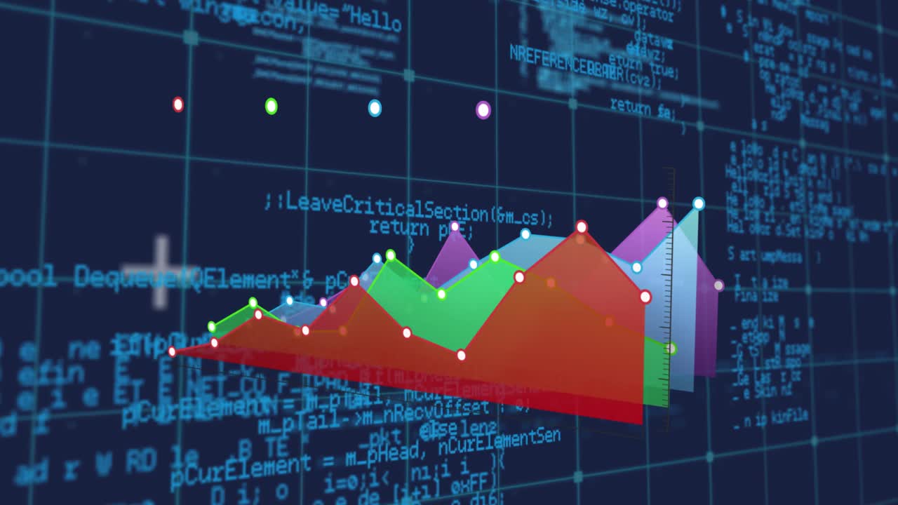 animación del procesamiento de datos estadísticos a través de la red de red contra un fondo azul