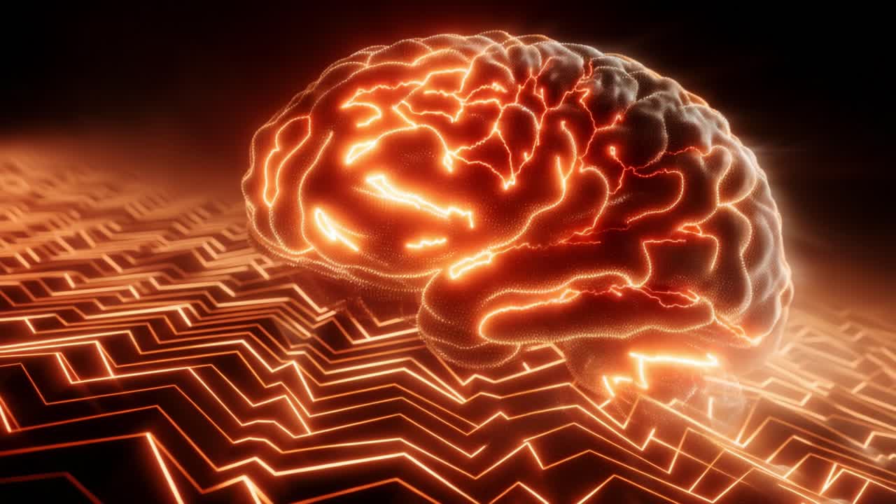 Illuminated Neural Pathways: A Detailed Visual Representation of a Brain Engaged in High-Energy Cognitive Processing within a Digital Circuitry Landscape