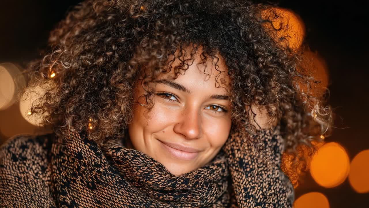 A Smiling Woman with Curly Hair and a Cozy Scarf, Radiating Warmth and Joy Against a Bokeh Background of Soft Lights