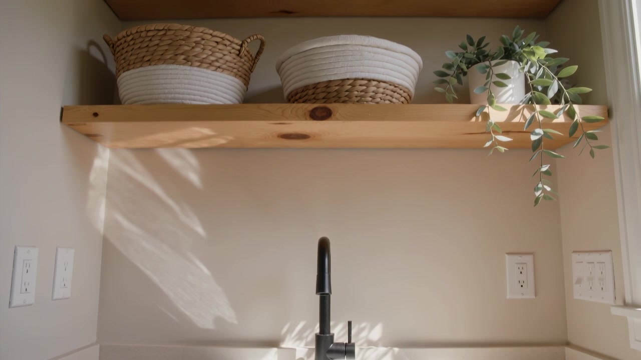 Pulling camera revealing white sink basin and matte-black faucet in nook, showing shelf and baskets