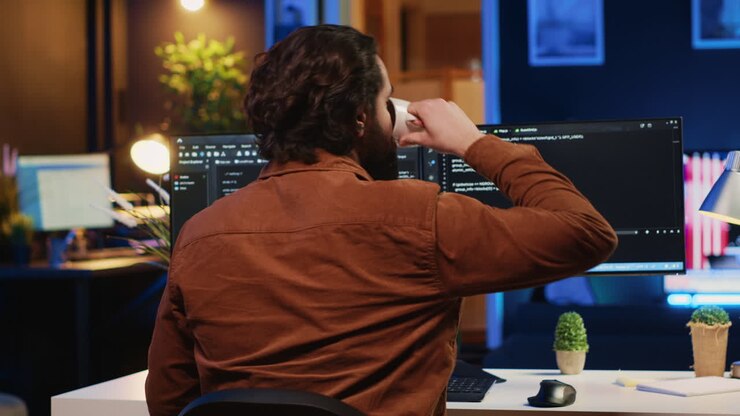 IT-specialist in het kantoor thuis geniet van een warme drank terwijl hij programmeert
