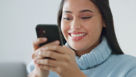 happy, phone and woman typing on a dating app
