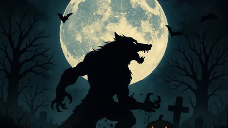a dramatic low-angle shot of a werewolf silhouette against a full moon, with bats flying