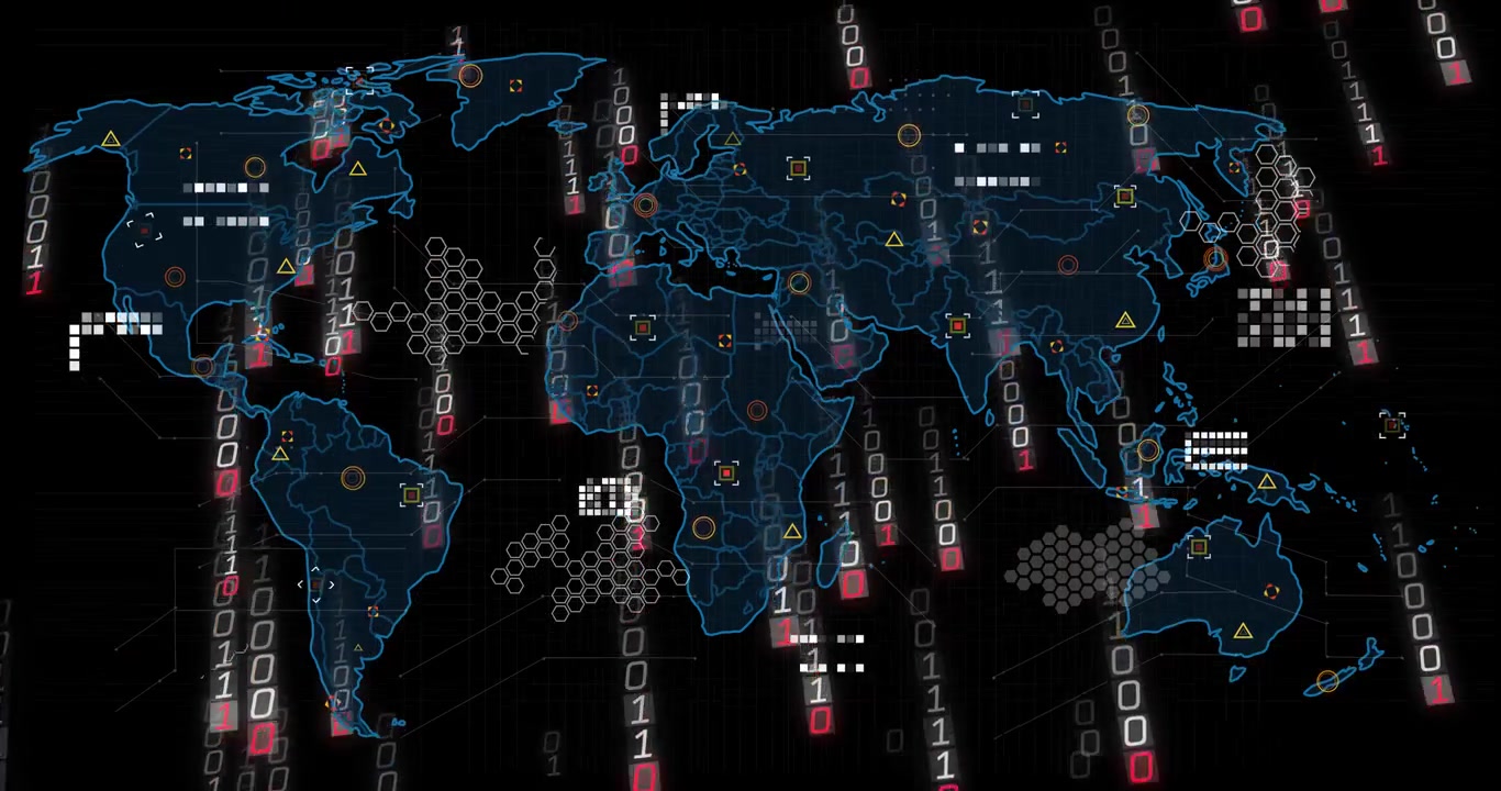 Blue outline emerging, global map filling with falling binary, hex nodes and links showing data