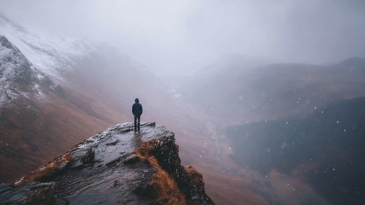 A solitary figure stands on a rocky precipice amidst a foggy, snow-covered landscape, highlighting the majesty and mystery of nature's wild terrain