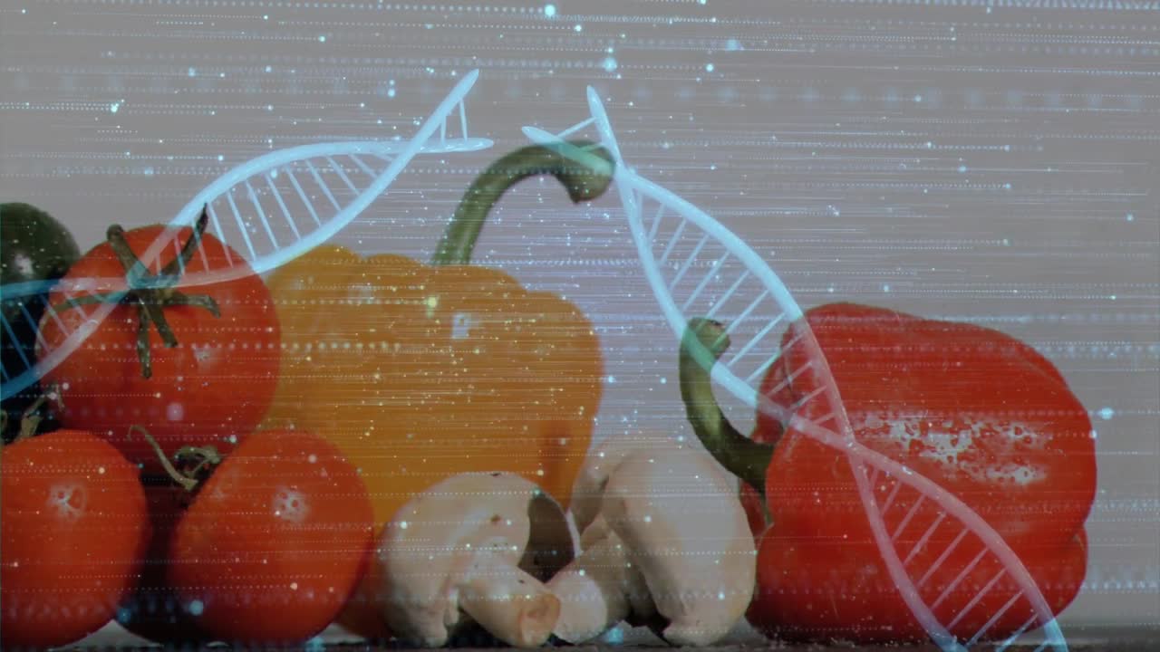 Left glowing DNA helix emerging and moving across vegetables, particles pulsing for genetic scan