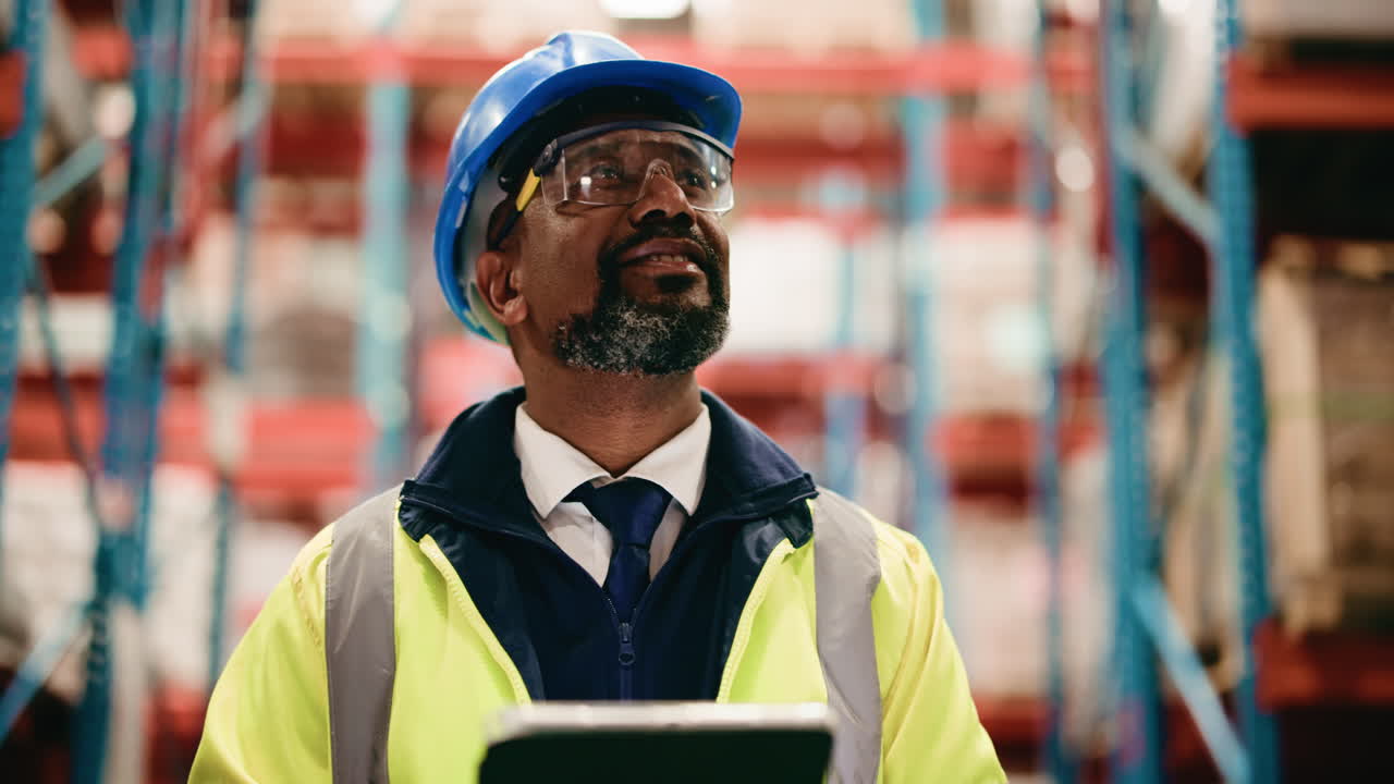 Smiling Warehouse Manager in Hard Hat Using Tablet