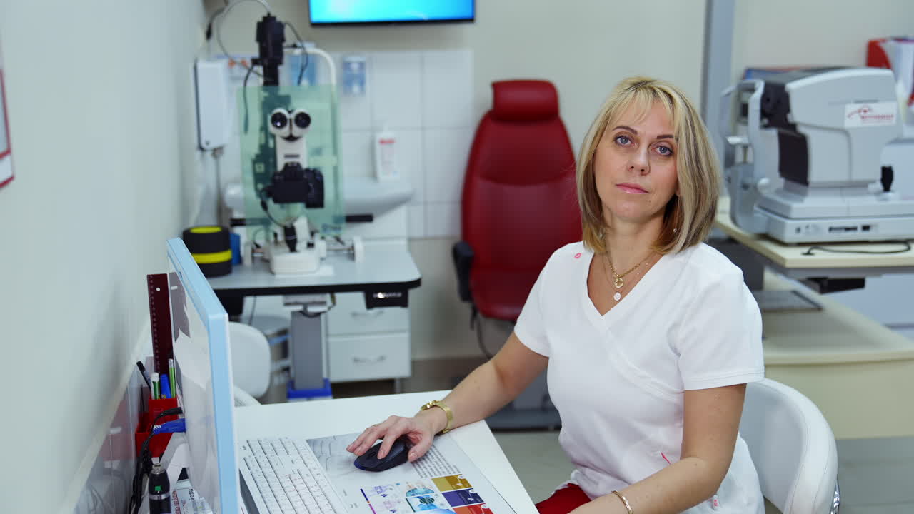 Modern ophthalmological office. Professional female doctor in lab coat, typing on computer with a monitor
