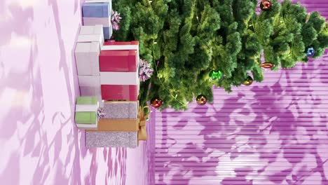 Christmas-tree-with-ornaments-and-wrapped-presents-on-a-pink-floor-against-a-pink-background