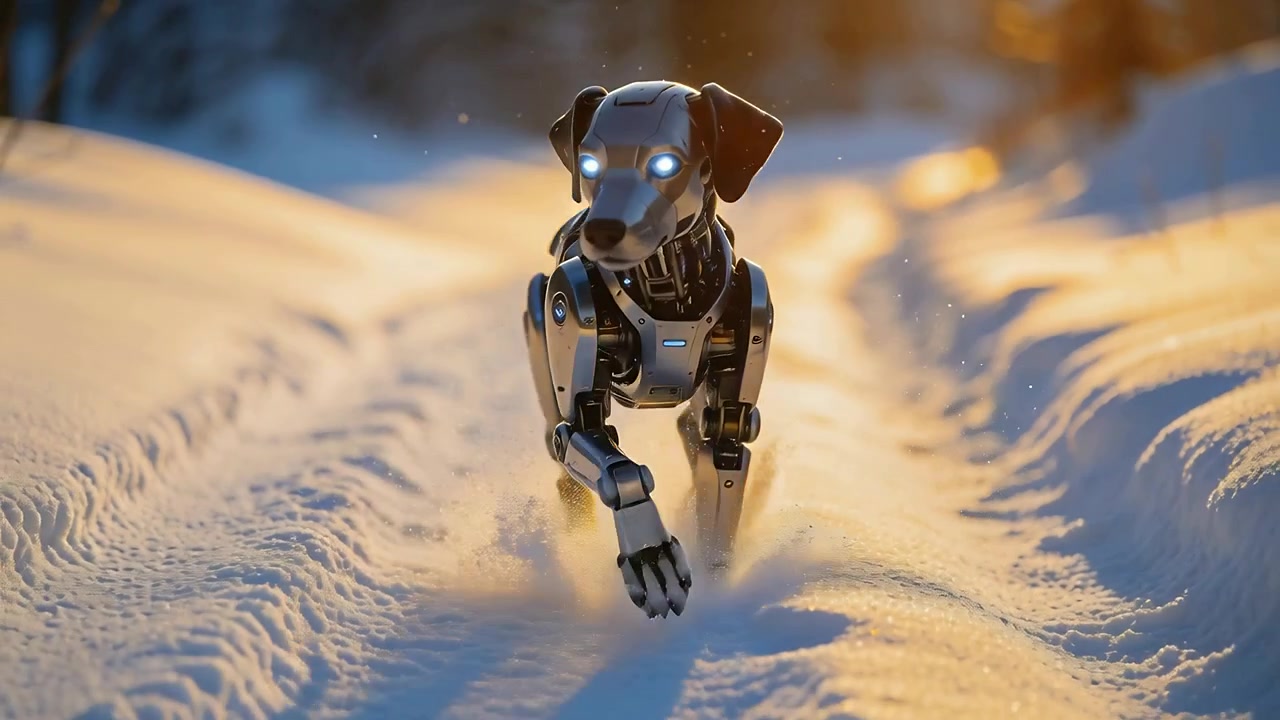 Cane robotico che trotta verso la telecamera su un sentiero innevato, sollevando spruzzi, con gli occhi illuminati dal sole che brillano.