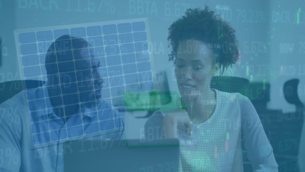 Animation of financial data processing over diverse business people in office