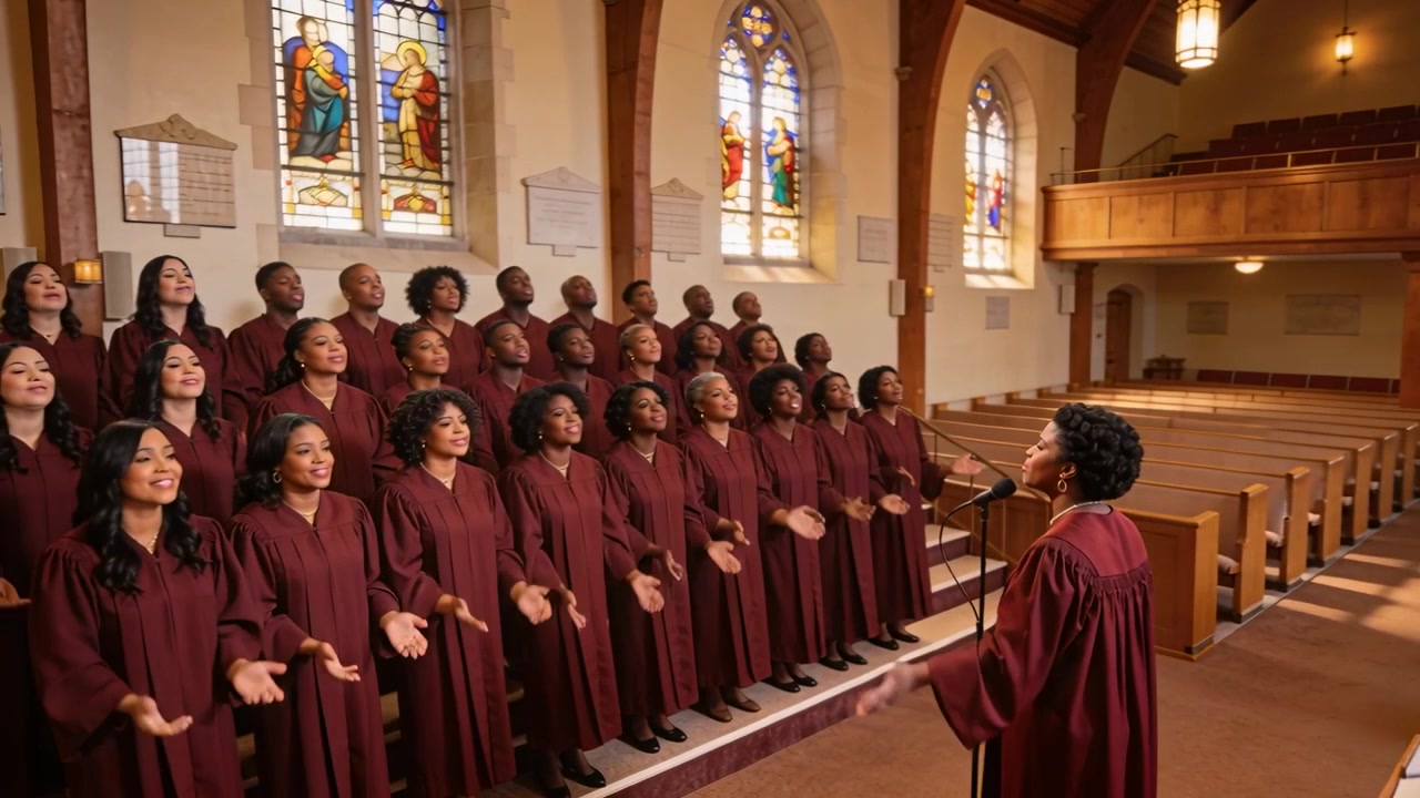 Clapping choir following conductor cues in sanctuary, building chorus, wearing maroon robes by mic