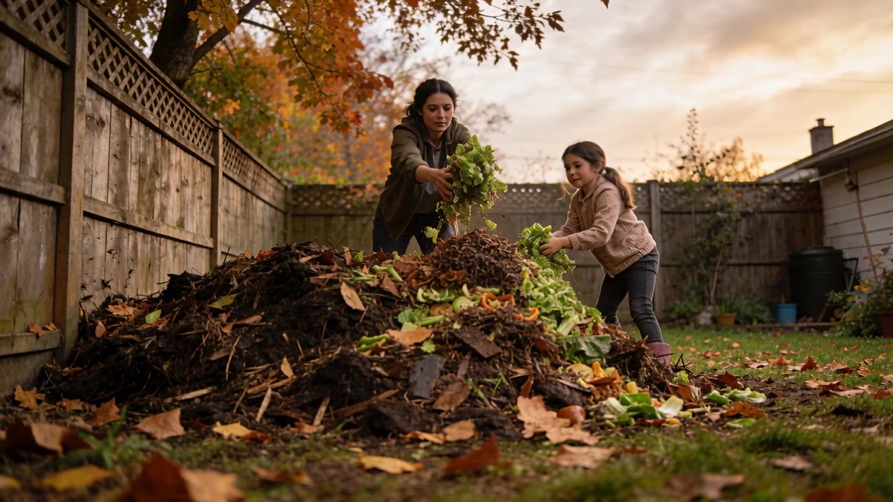 Lifting leaves, mother and daughter tossing and layering compost in backyard, in jacket and sweater