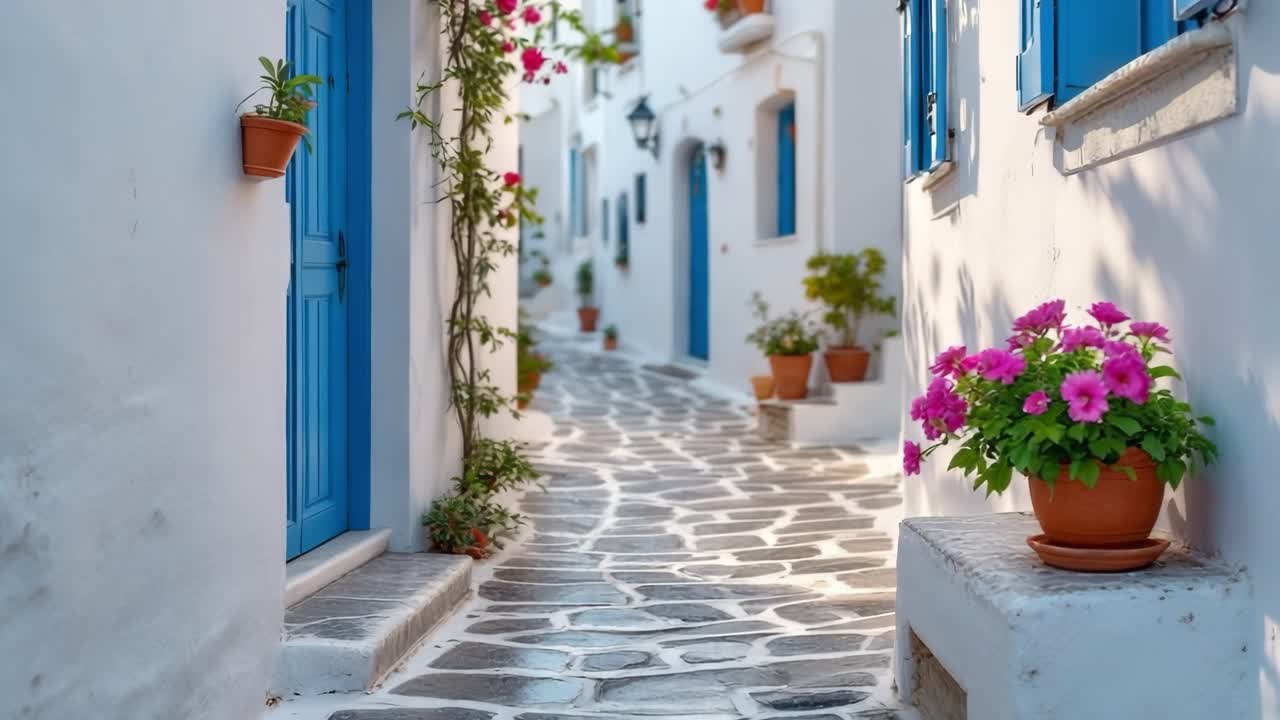Charming narrow alleyway with vibrant flowers and blue doors in a picturesque setting