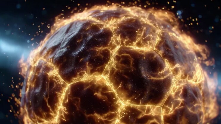 A Captivating Glimpse of an Electrifying Celestial Sphere Surrounded by Fiery Energy and Cosmic Particles, Radiating a Stunning Glow in the Void of Space