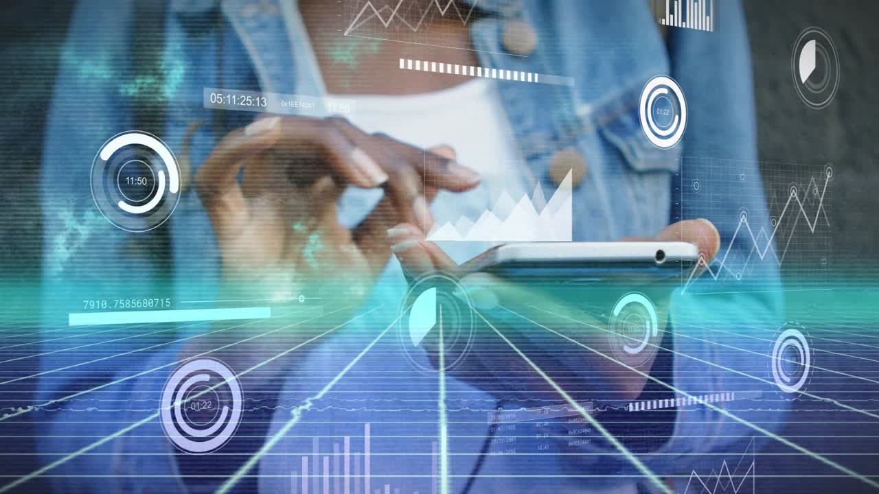Woman tapping and swiping phone screen animating HUD pie and line charts and updating tech data