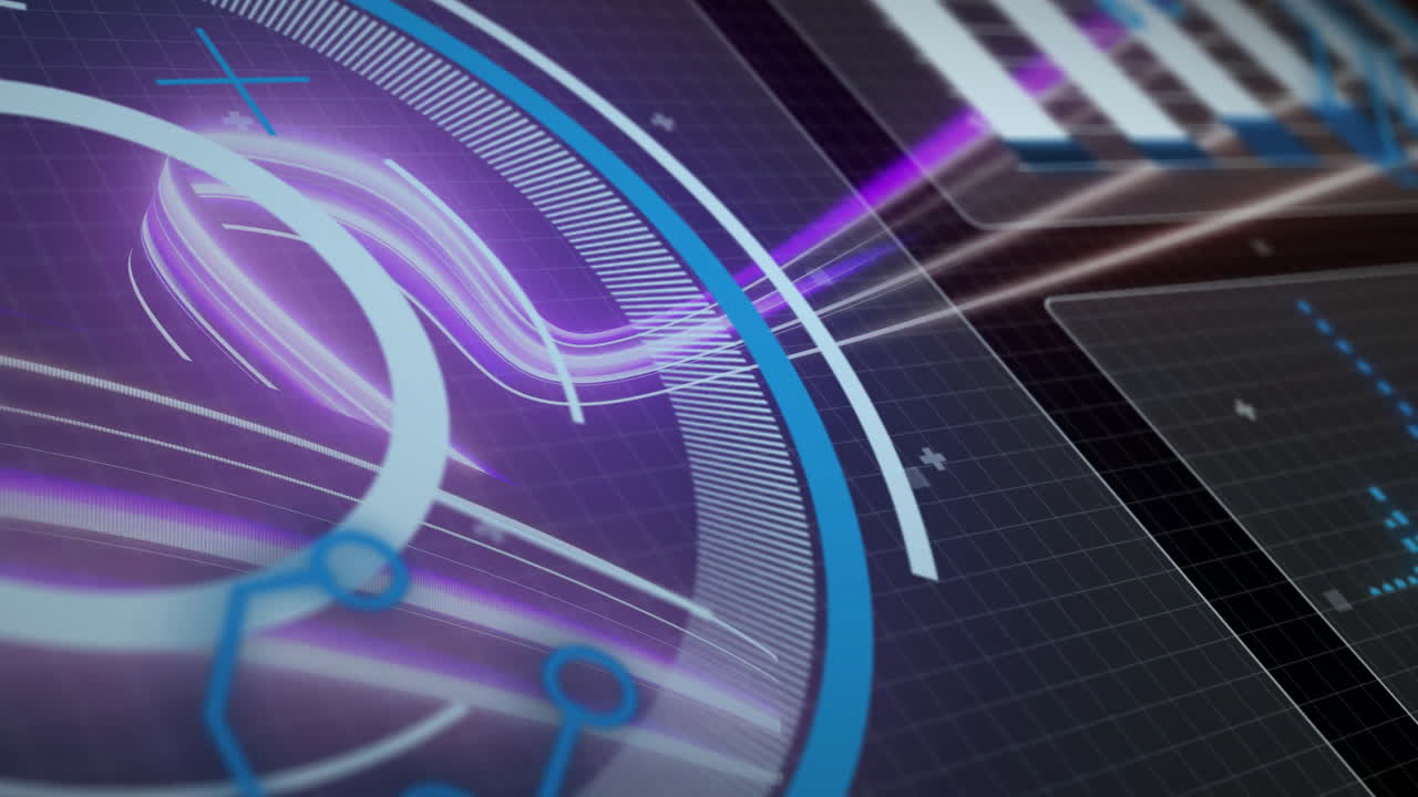 Animation of loading circles and graph over dynamic wave pattern on black background