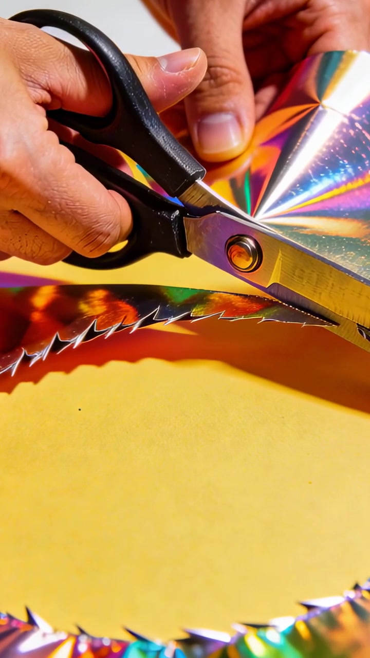 Vertical video: Starting, hands trimming holo spiral with black scissors on yellow mat for craft