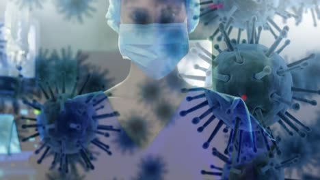 animación de la propagación del coronavirus covid19 con un trabajador de la salud en el fondo