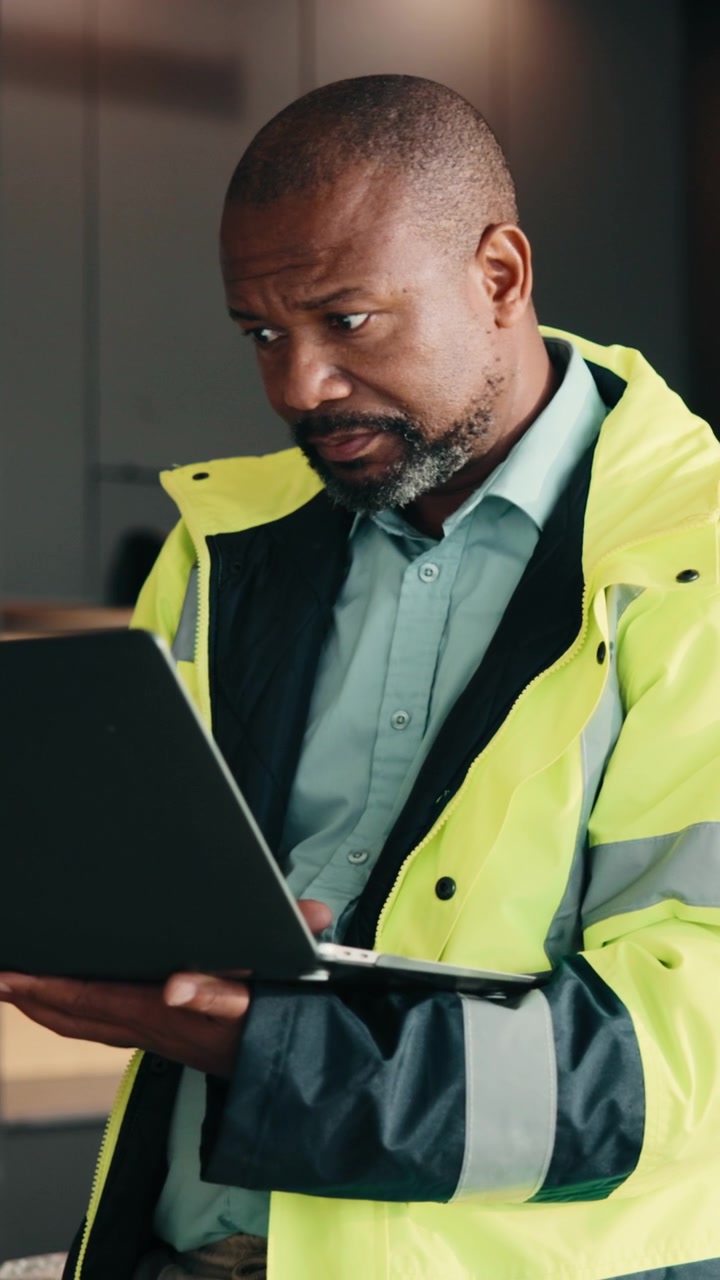 Middle-Aged Construction Manager Using Laptop on Site