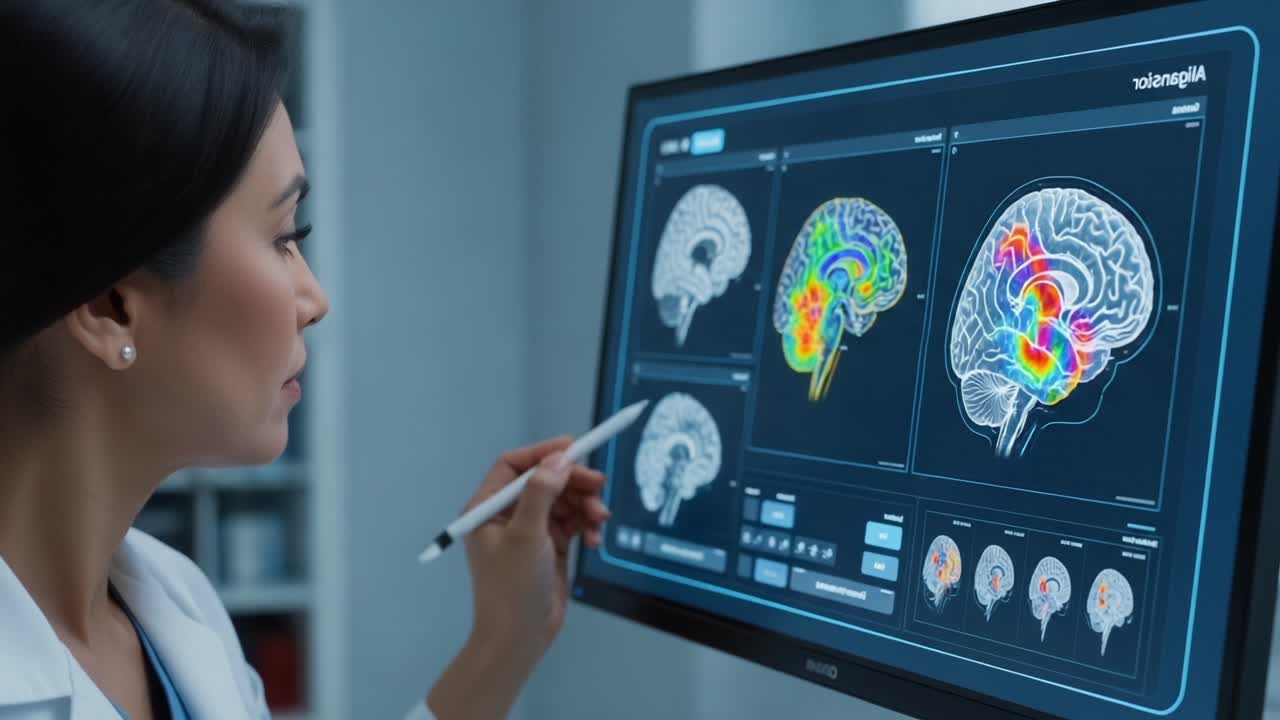 Innovative Neurological Analysis: A Professional Evaluates Advanced Brain Imaging Data on a High-Tech Monitor in a Modern Medical Environment