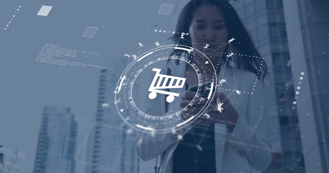 Donna che tocca il telefono per strada, con un HUD di shopping che si sovrappone al telefono, ruotando e avviando l'acquisto.