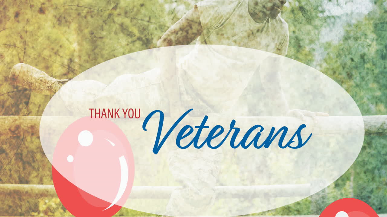 참전용사 날 감사 문자와 빨간 풍선, 남성 군인 울타리 점프