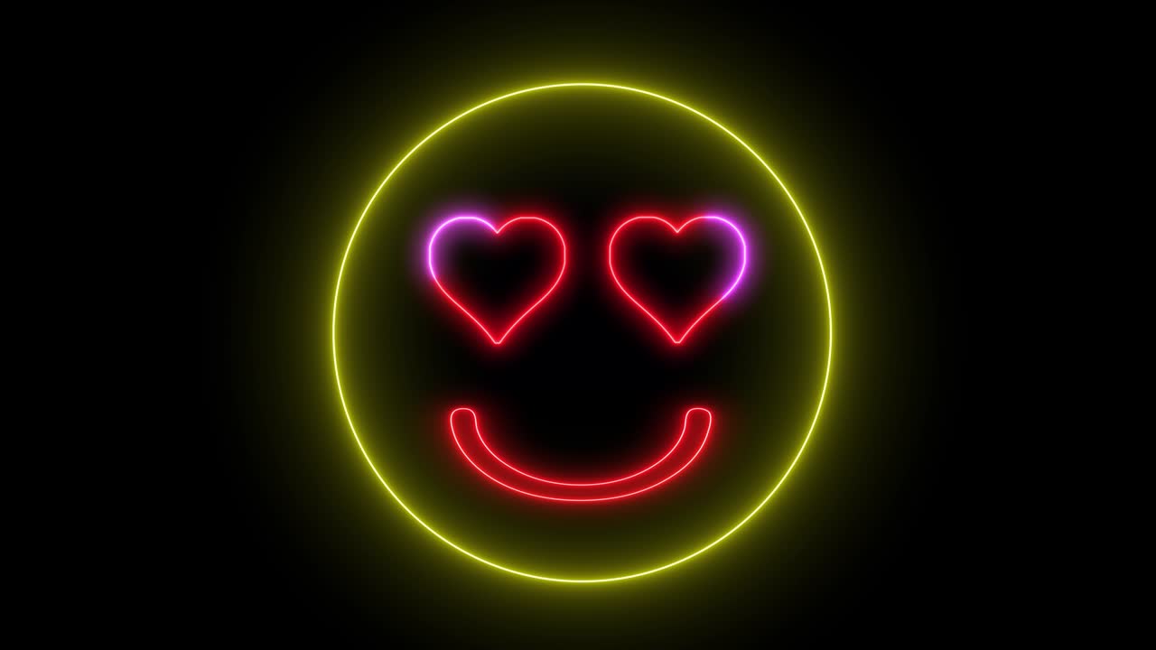 Faccina emoji al neon, segno sorridente. Personaggio web con luce al neon luminosa. Faccina sorridente isolata