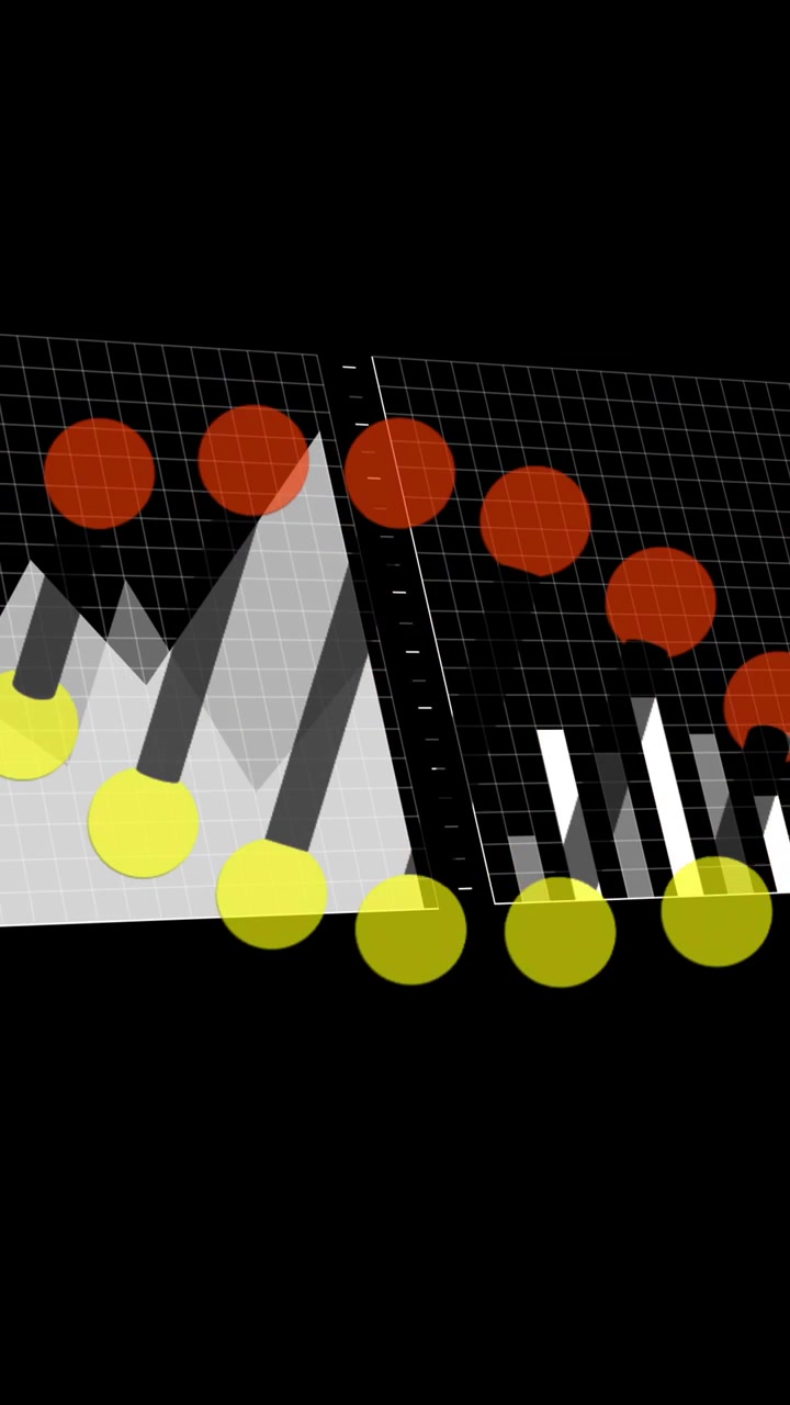 Animación de gráficos y tablas sobre patrones circulares coloridos en un fondo negro.