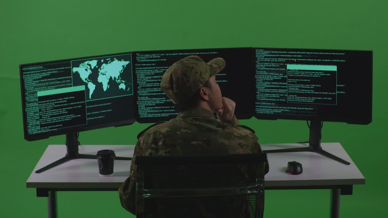 Back View Of Asian Man Soldier Developer Thinking About Something While Write Code With Multiple Computer Screens In Green Screen Studio