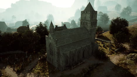 medieval village with an abandoned church