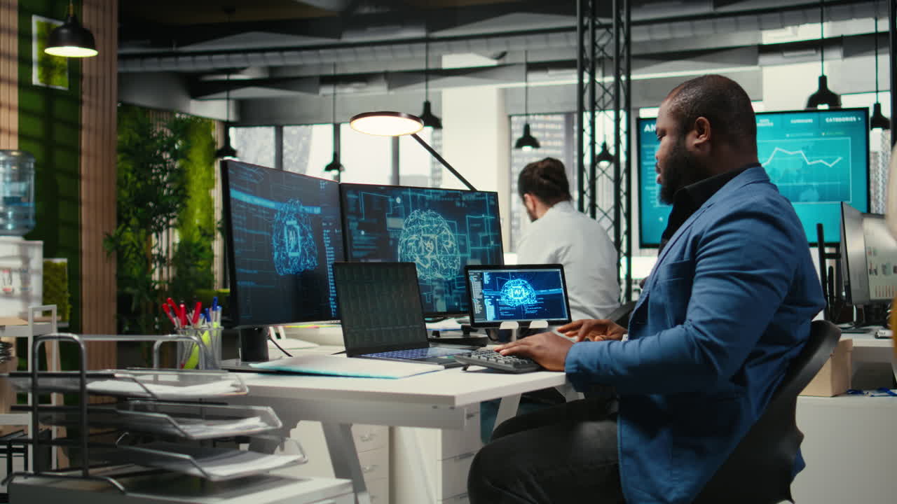 Vertical Video Black man IT expert handles neural networks systems for data forecasting