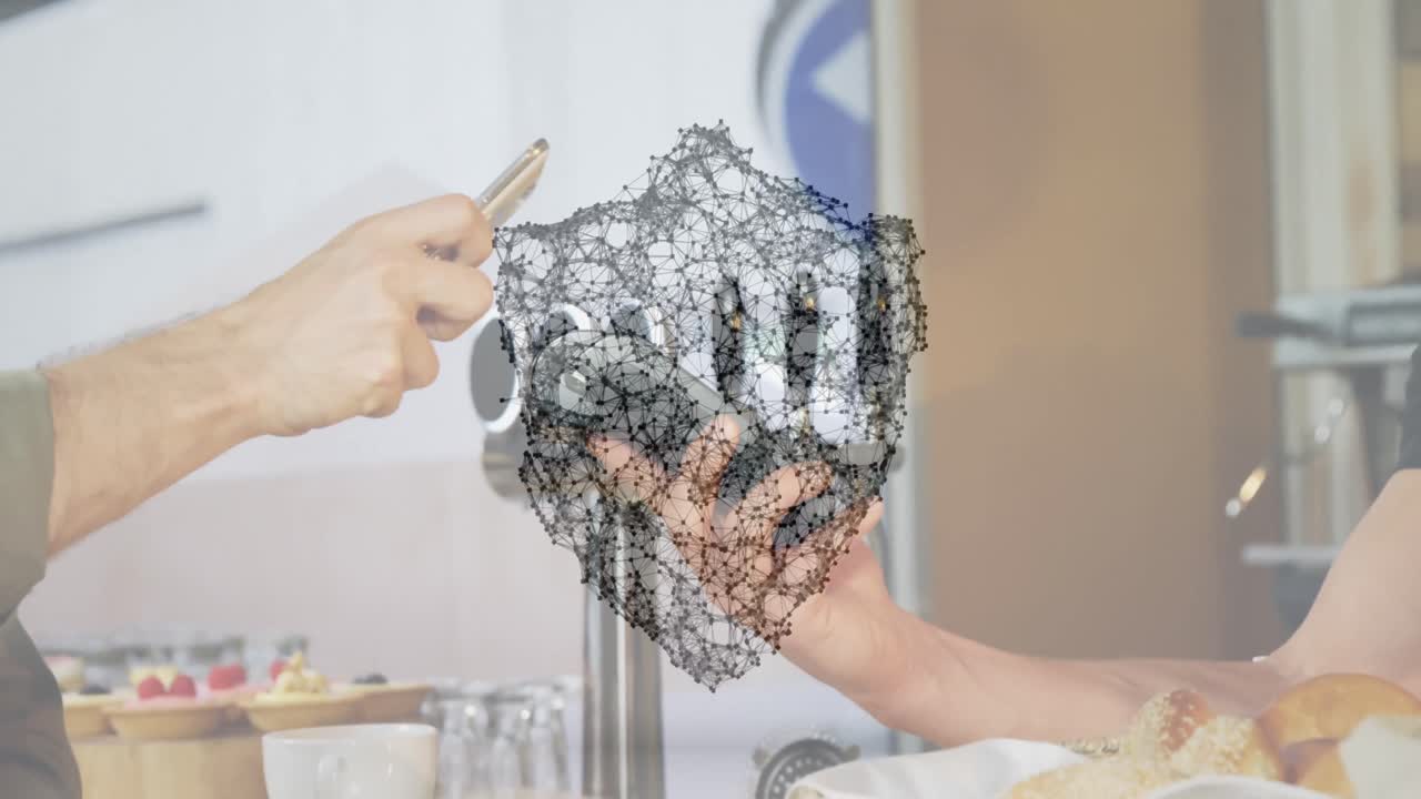 결제 터미널을 사용하는 사람들에 대한 보안 방패와 연결 네트워크의 애니메이션