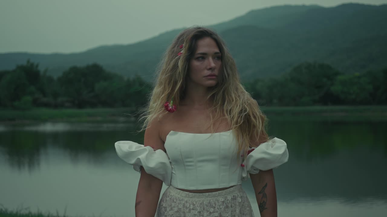 Donna in abito bianco in riva al lago