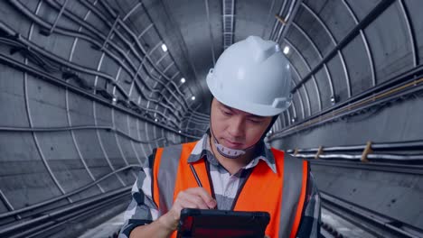 Close Up Of Asian Male Engineer With Safety Helmet Taking Note On The Tablet And Looking Around While Standing In Underground Subway Tunnel