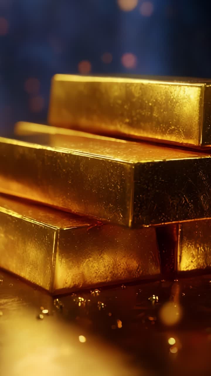 Lingotti d'oro lucenti impilati con eleganza su uno sfondo abbagliante che crea una lussuosa atmosfera di ricchezza e prosperità, il tutto catturato con dettagli straordinari