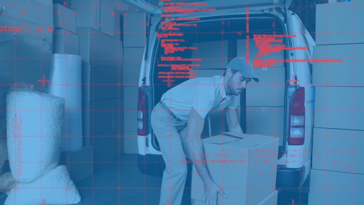 Animation of data processing over delivery man loading boxes into van