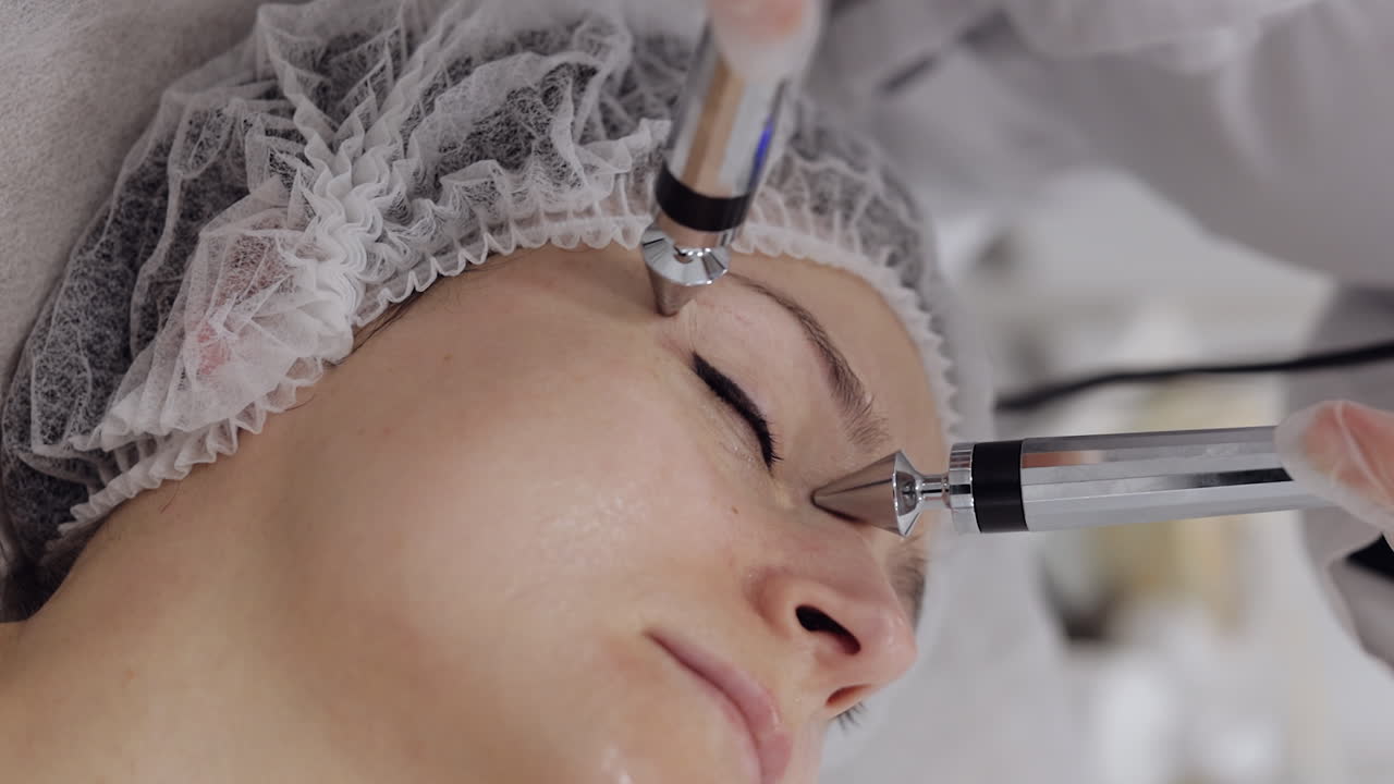 Middleaged woman receiving micro currents facial eyes skin treatment from beautician in spa salon