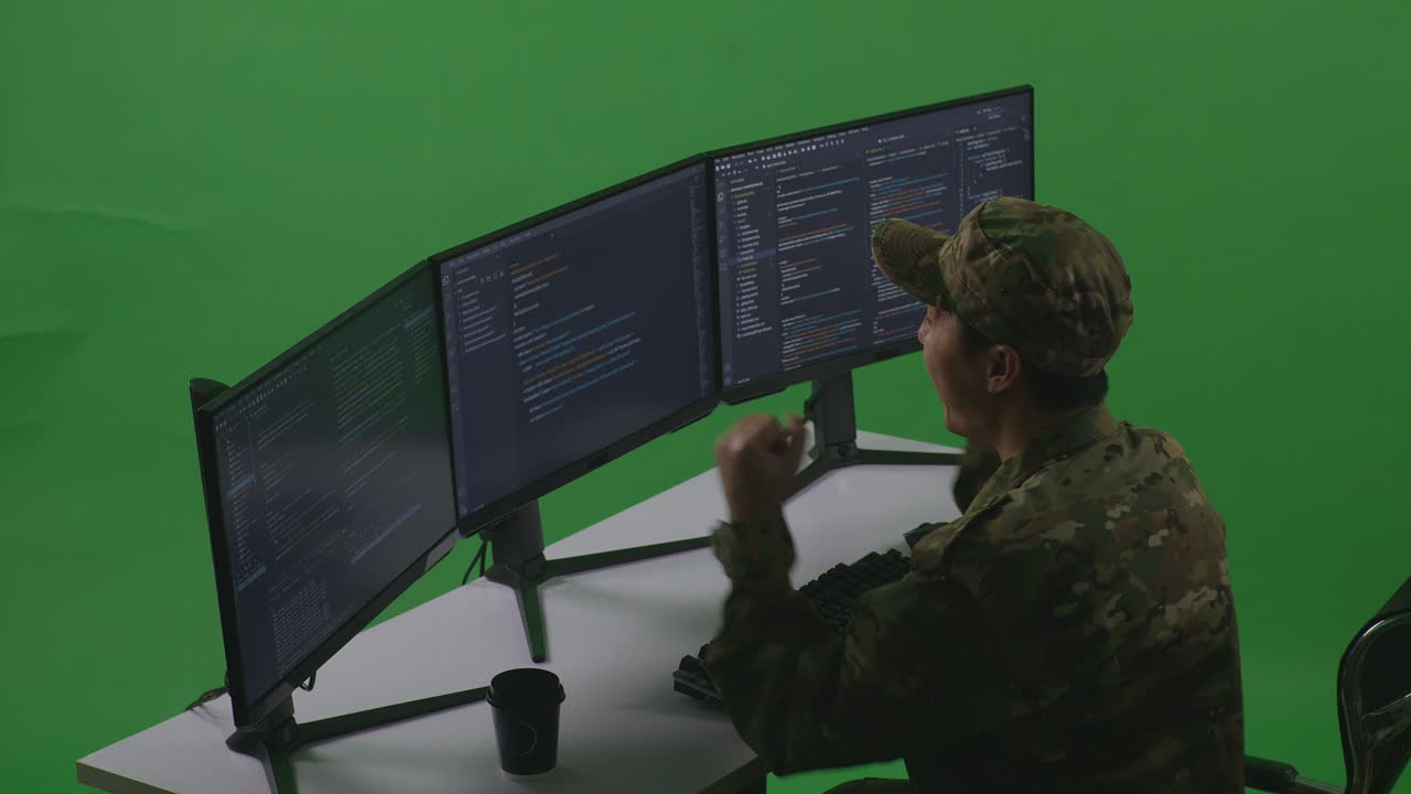 Side View Of Happy Asian Man Soldier Developer Celebrating And Dancing While Write Code With Multiple Computer Screens In Green Screen Studio