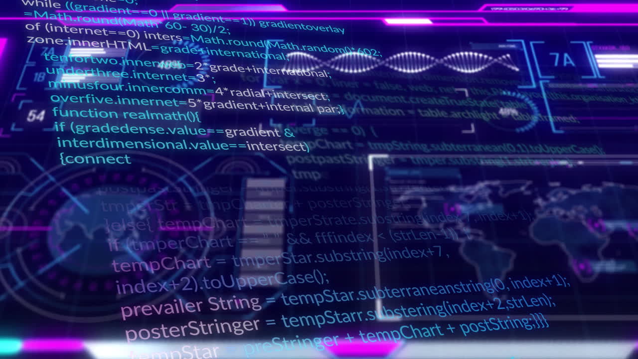 Processing digital code, futuristic interface with neon lights in animation