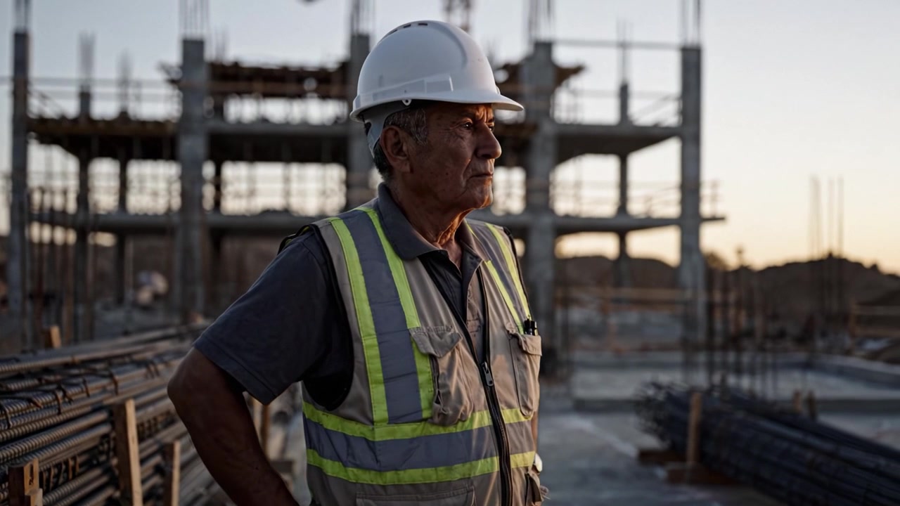 An experienced construction worker stands on site, observing the progress as the sun sets, showcasing dedication to his craft and the construction industry.