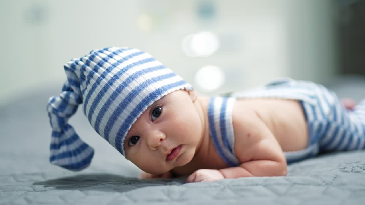 Little infant boy just taught to hold his head and trying to keep it up. Funny cute kid in striped costume lying on his belly. Close up.