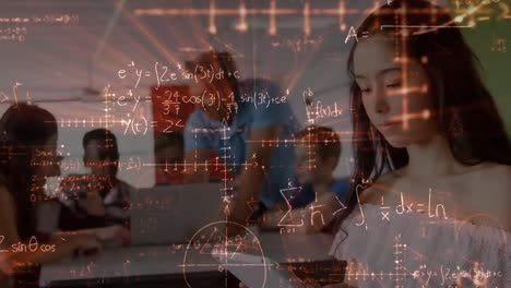 Mathematical-equations-floating-against-caucasian-girl-using-digital-tablet-at-school