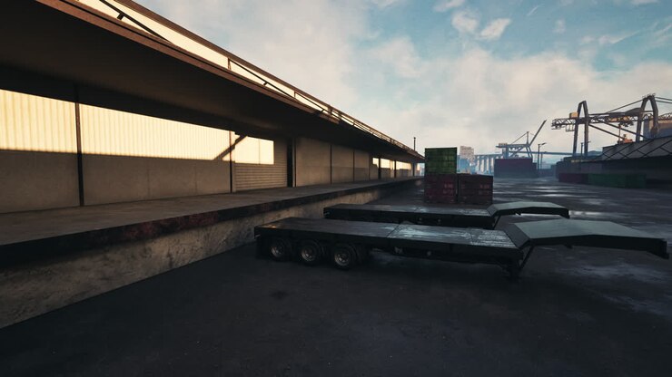 Parked flatbed trailer in parking lot