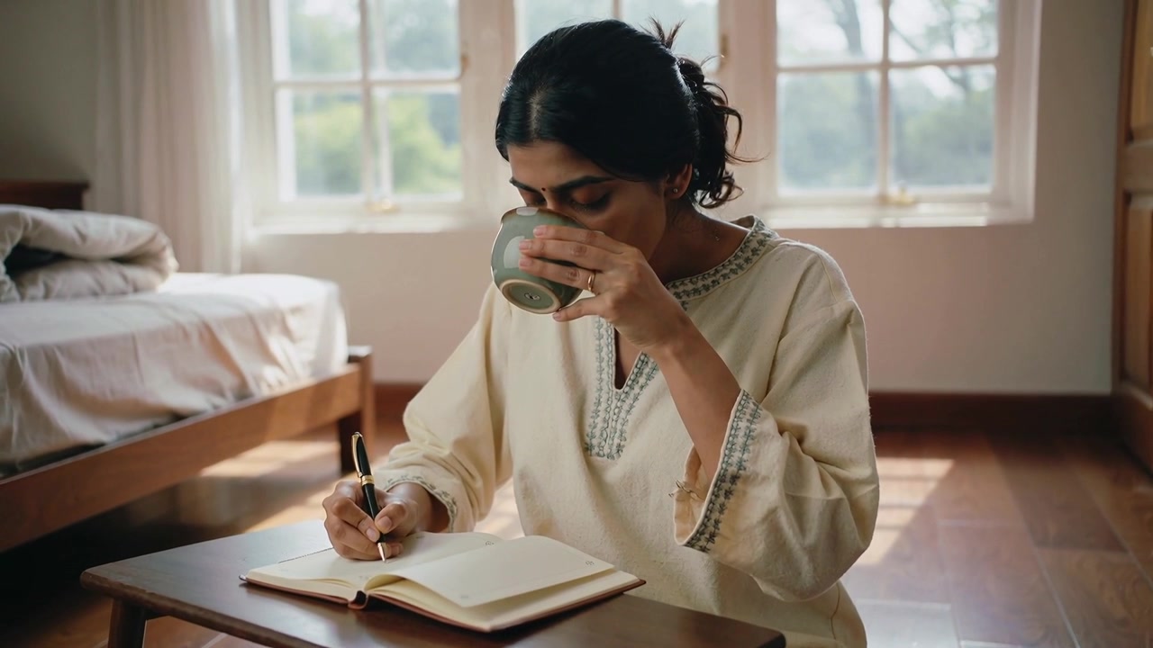 Writing woman cream-tunic, pen poised, alternating notebook and mug sipping in bedroom journaling