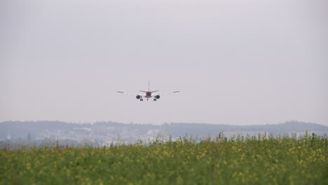 un avión de pasajeros está aterrizando volando sobre un campo de flores