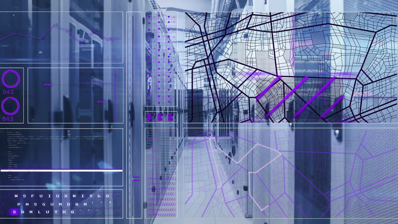 Animation of interface with scanner and street map over computer server room