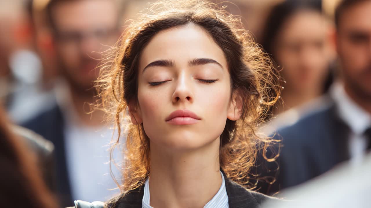 A Moment of Stillness in a Crowded World: A Young Woman with Closed Eyes Embodies Inner Peace Amidst a Bustling Urban Environment