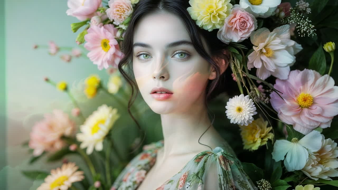 Portrait of a Woman Adorned with Colorful Flowers