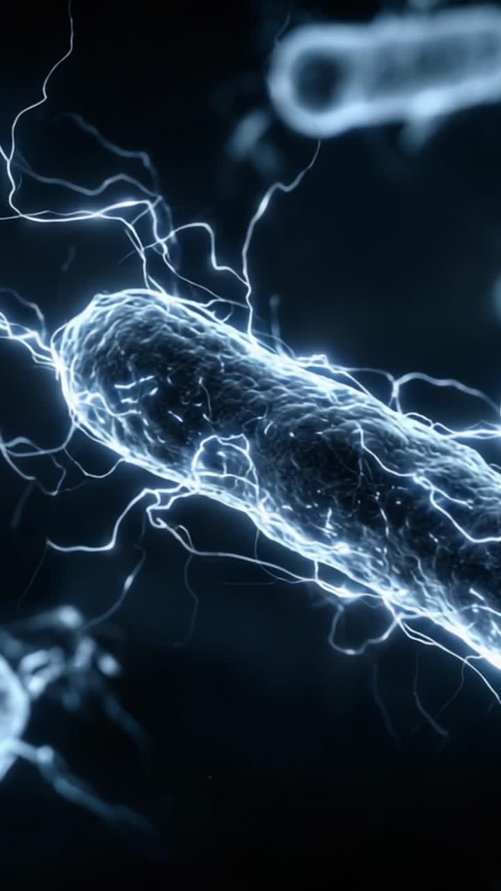 Microscopic Visualization of Electrically Charged Bacteria with Dynamic Plasma Effects in an Immersive 3D Environment, Showcasing Bacterial Structures and Electrical Activity